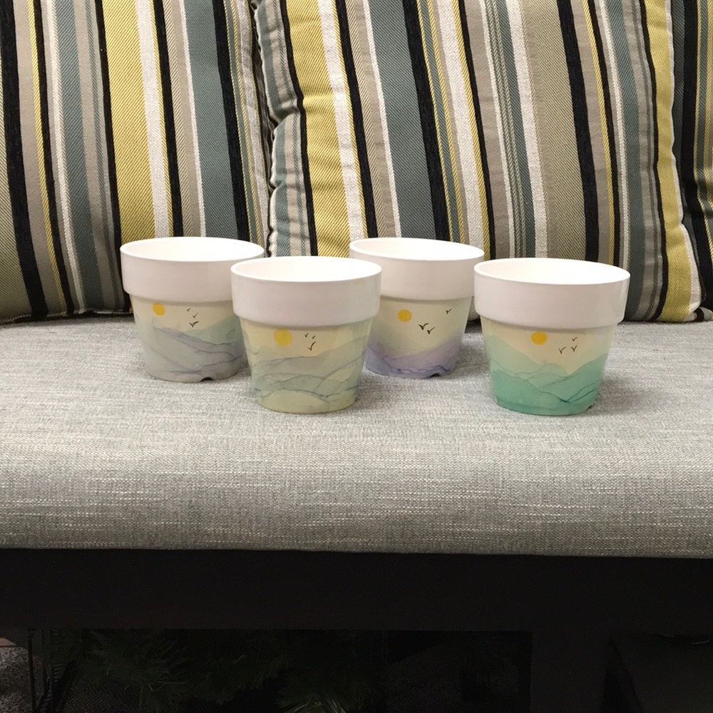 4 abstract art pots, signed & dated. Happy Easter!